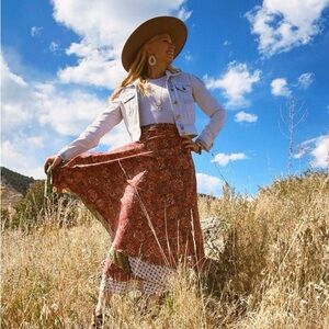 Boho Sari Wrap Reversible Paisley Red/Rust Print Size Inclusive Maxi Skirt